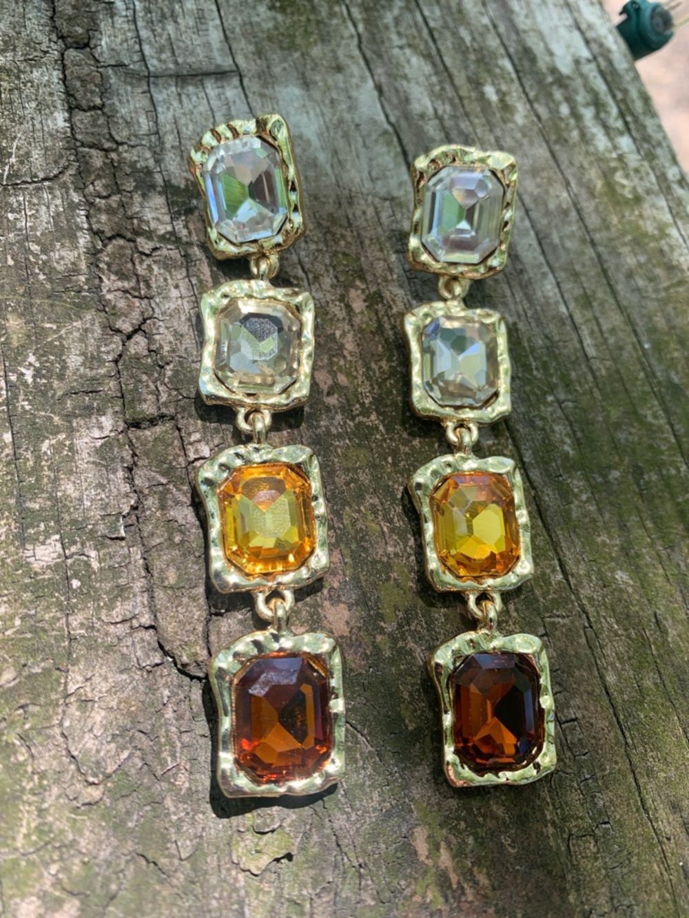 Gold Drop Earrings with Clear, Amber and Deep Amber Stones